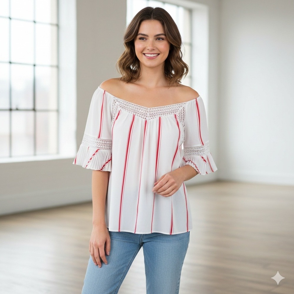 Banana‎ Republic White Red Stripe Square Neck Ruffle Sleeve Blouse Top - Size M